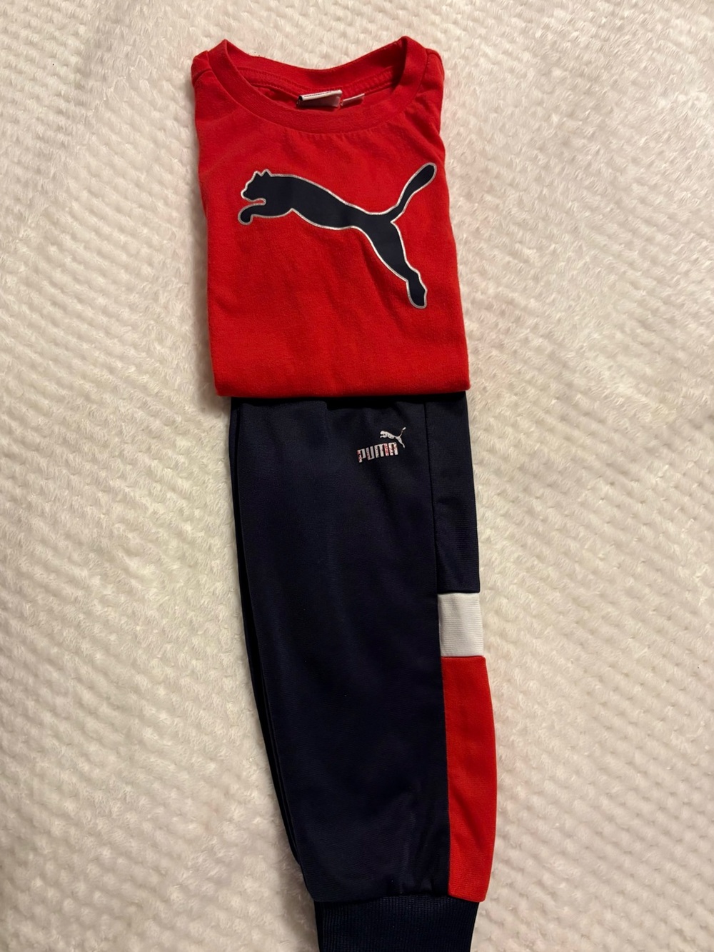 Puma Red Tee with Navy and White Paneled Track Pants 24 months